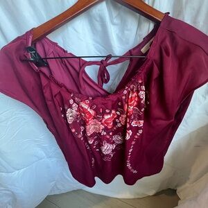 Floral‎ Embroidered Women's Top - Burgundy